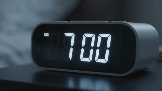 Closeup digital alarm clock showing 7:00 AM on bedside table