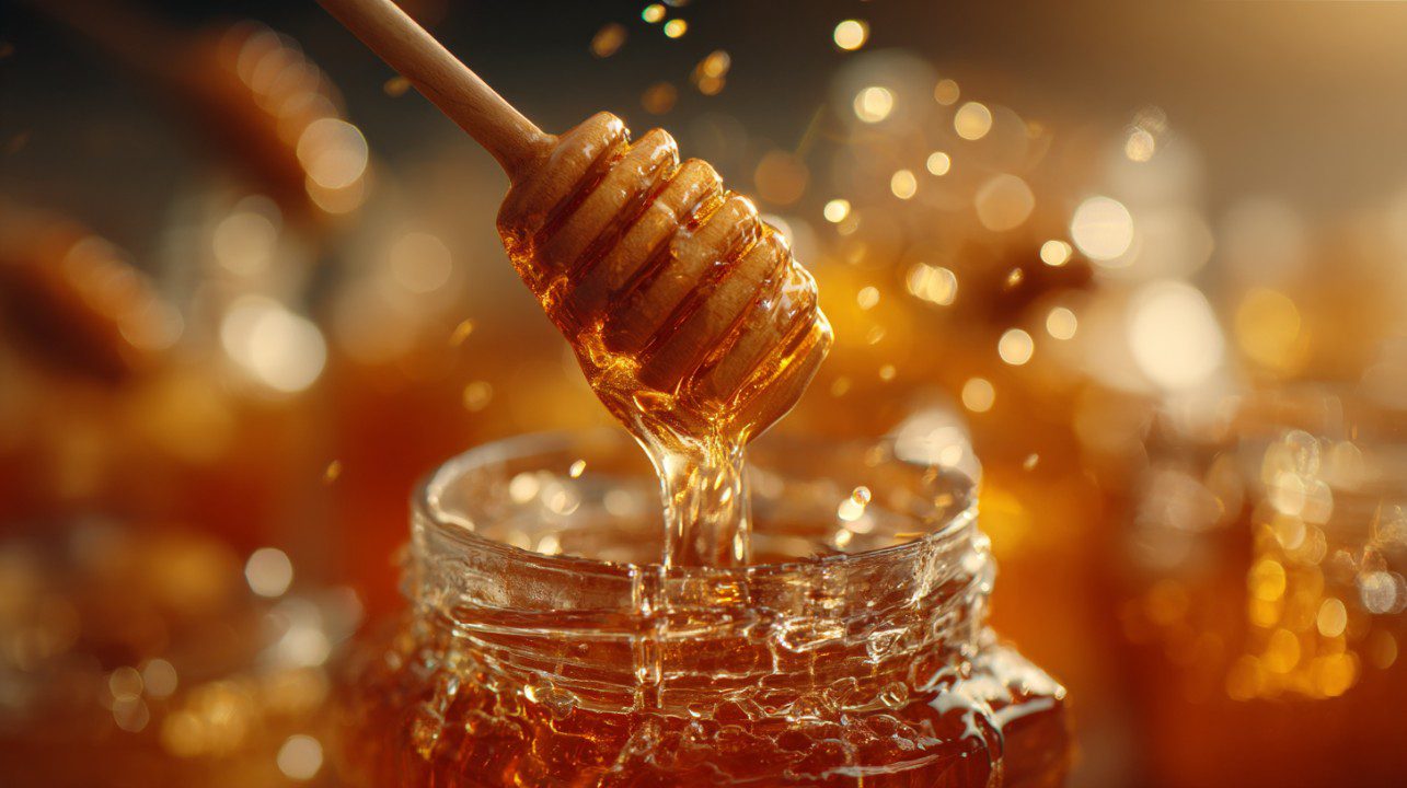 Golden Honey Dripping from Dipper into Glass Jar - PresentationGO